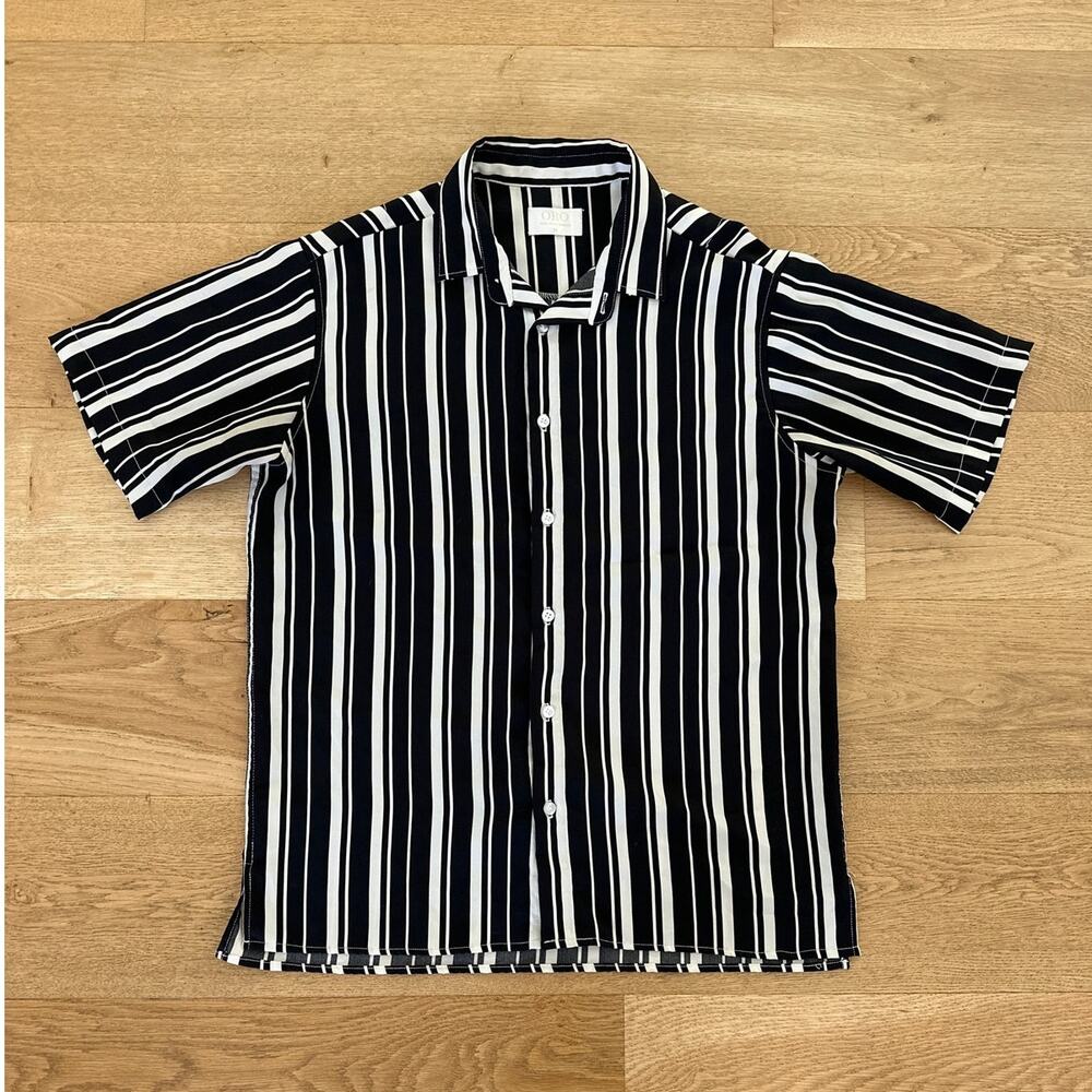 ORO - Striped Short Sleeve Button Front Shirt in Black & White